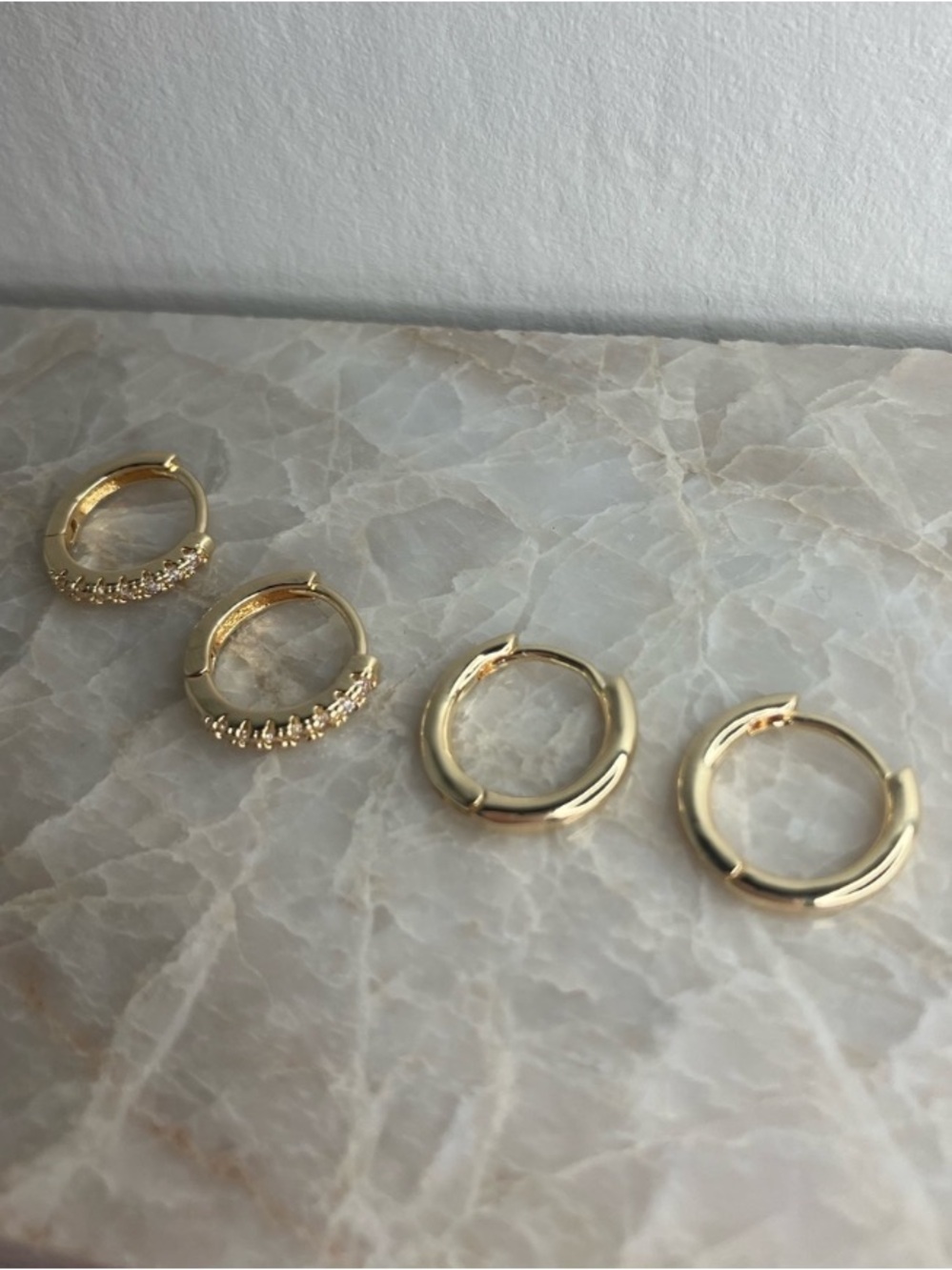14K Gold Plated Huggie Hoop Earrings Set – 2 Pairs | CZ Pavé & Classic Mini Hoop